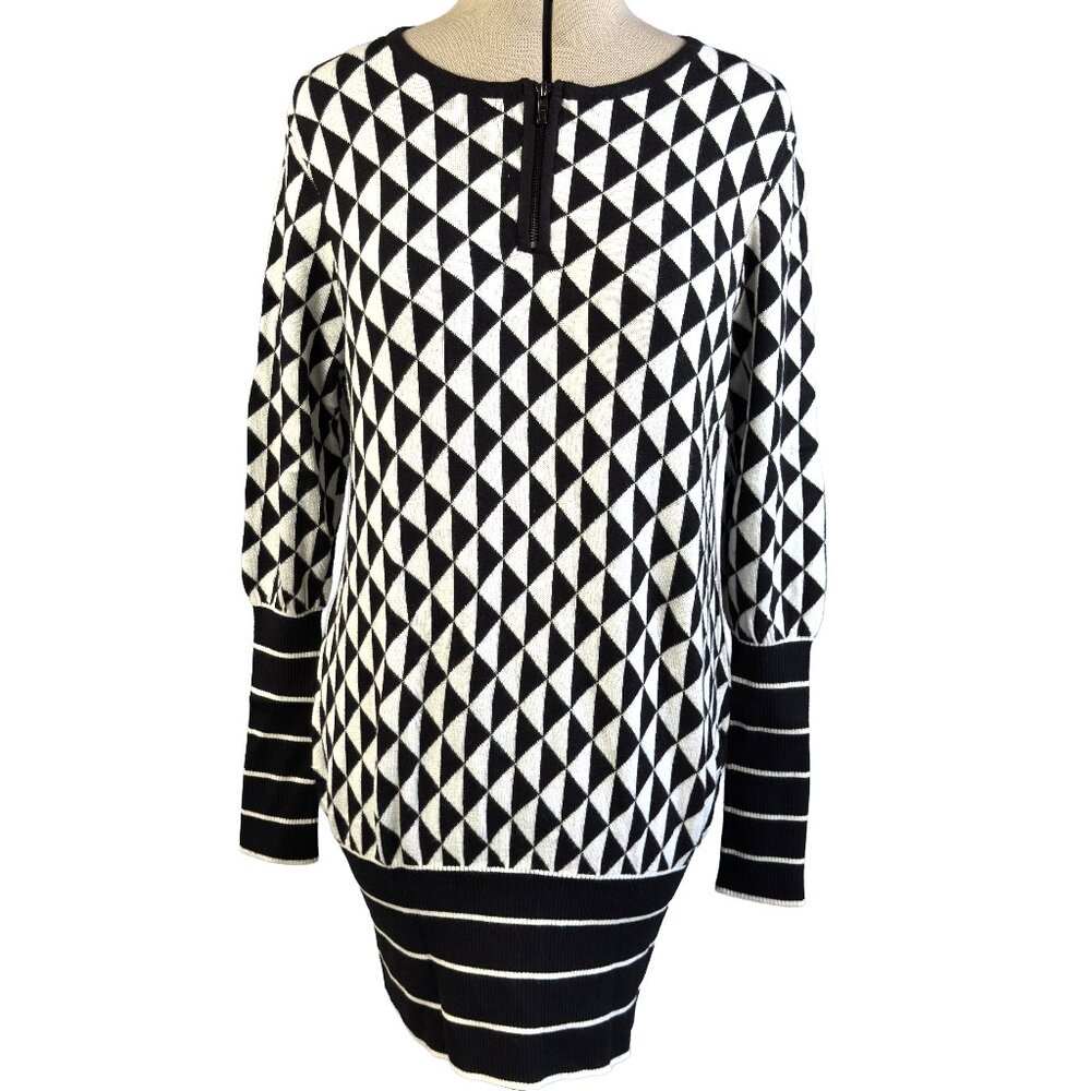 Karl Lagerfeld for Impulse Black & White Geometric Knit Sweater‑Dress M w/ Zip